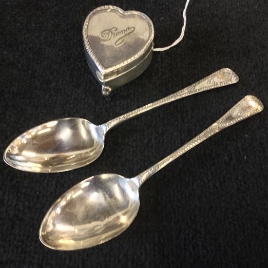 Pair of Victorian silver spoons and a trinket box